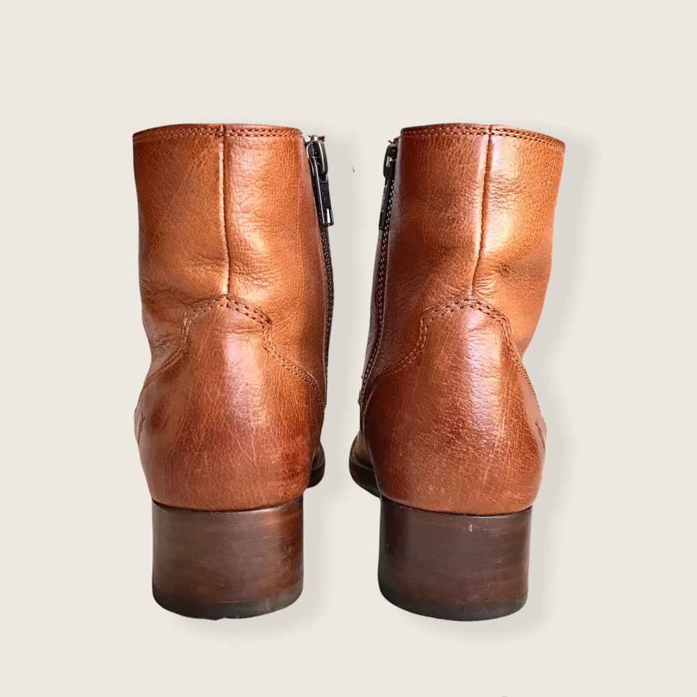Frye Brooke Short Cognac Genuine Leather Inside Zip Classic Comfy Ankle Booties - Picture 7 of 12